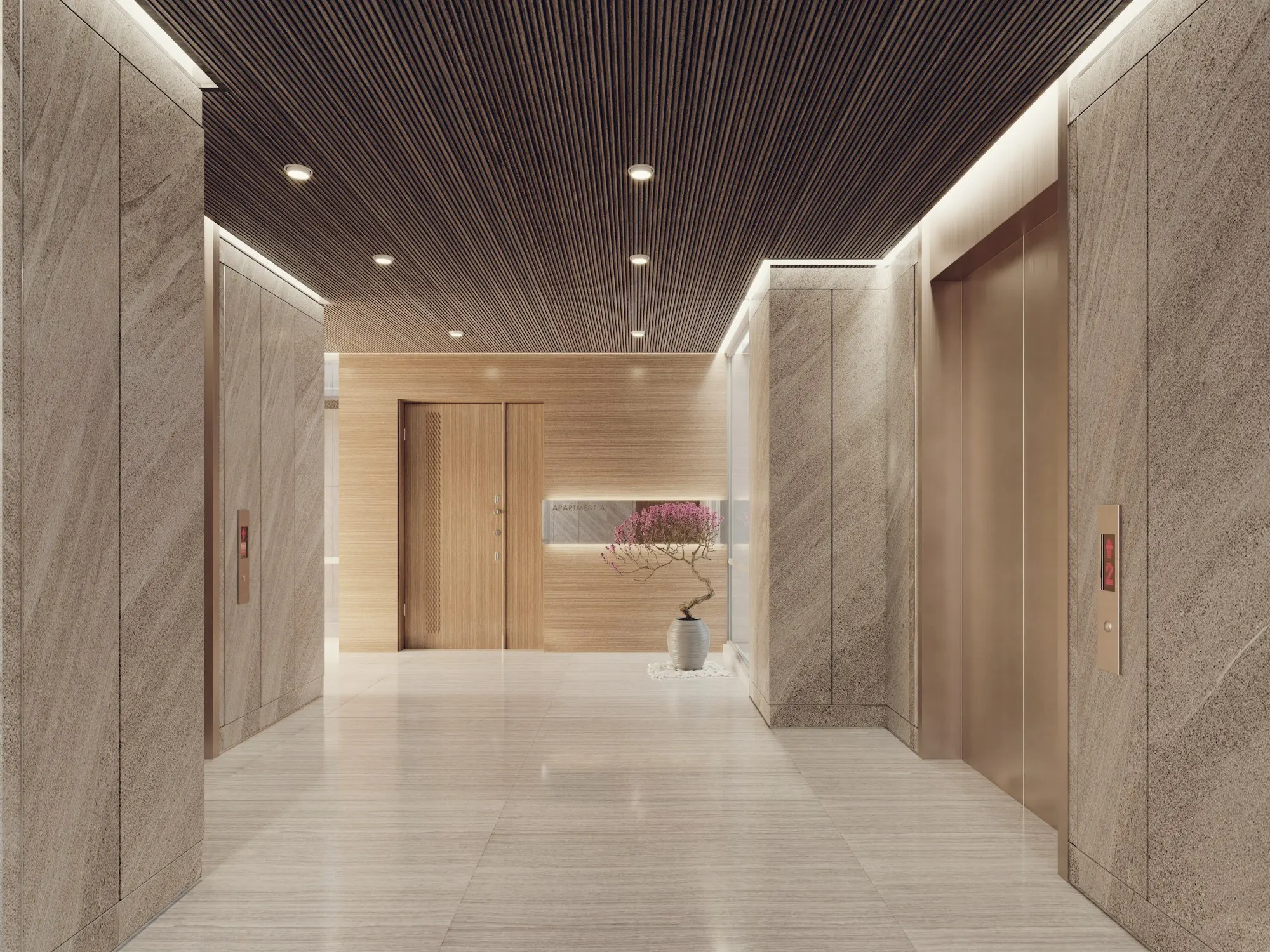 A modern apartment building lobby with stone walls, elevator doors and a wood-slat ceiling.