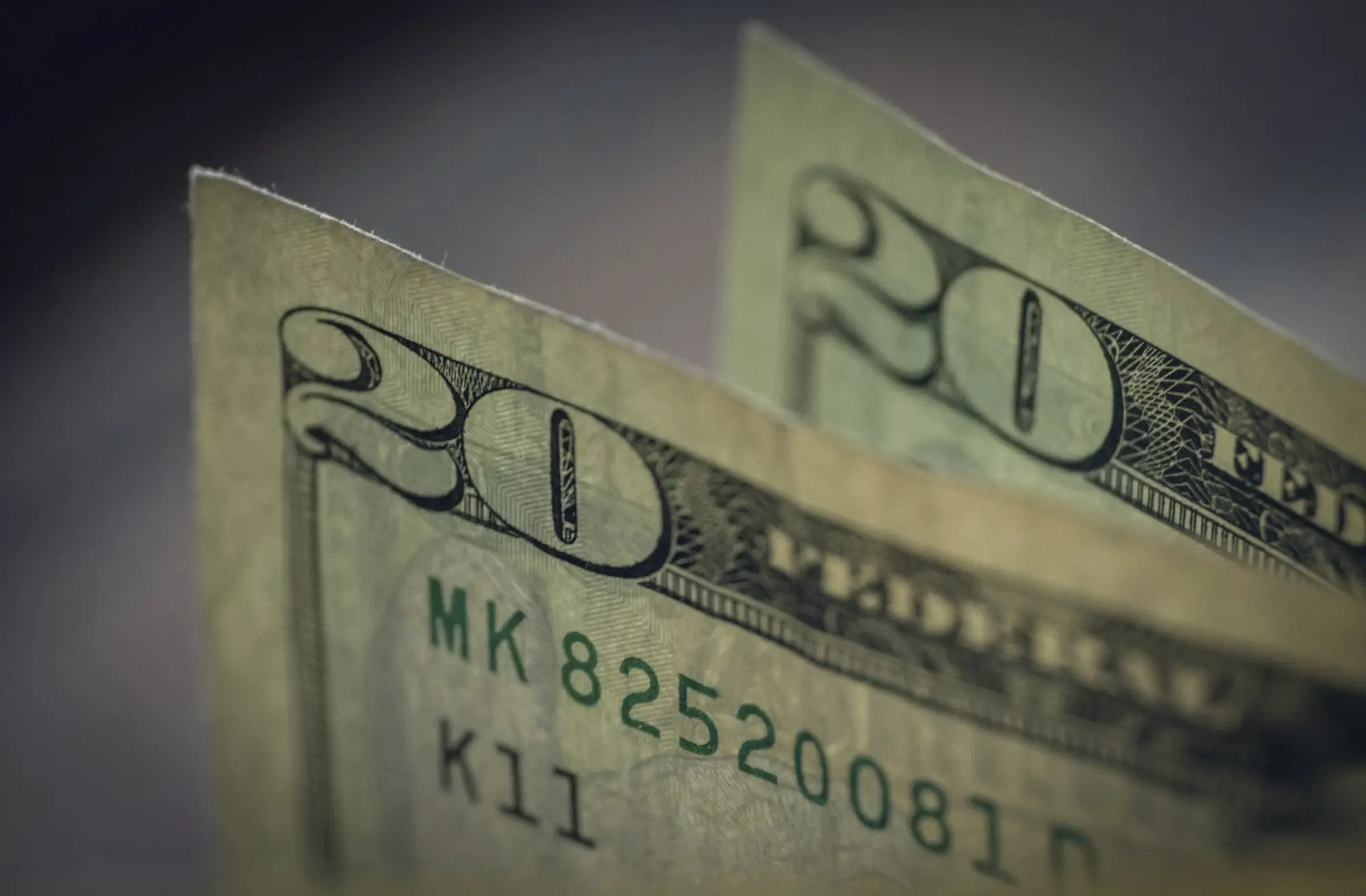 Close-up of two twenty-dollar bills standing on edge
